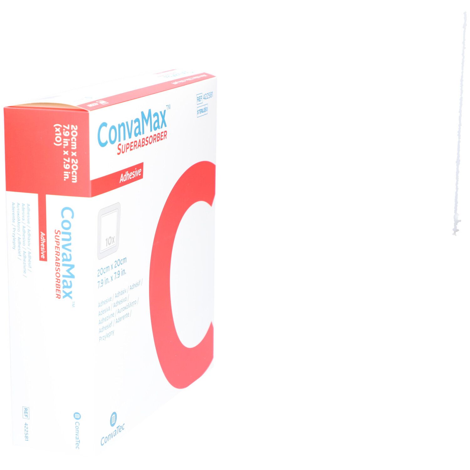 Verpakking CONVAMAX Superabsorber Adhesive. 20x20 cm. Rode C. Witte achtergrond.