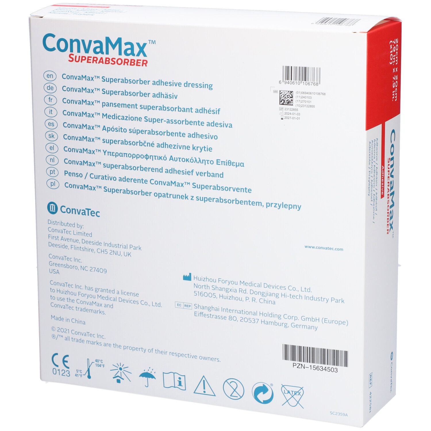 Achterkant verpakking CONVAMAX Superabsorber Adhesive. Meertalige info, barcode, logo's.