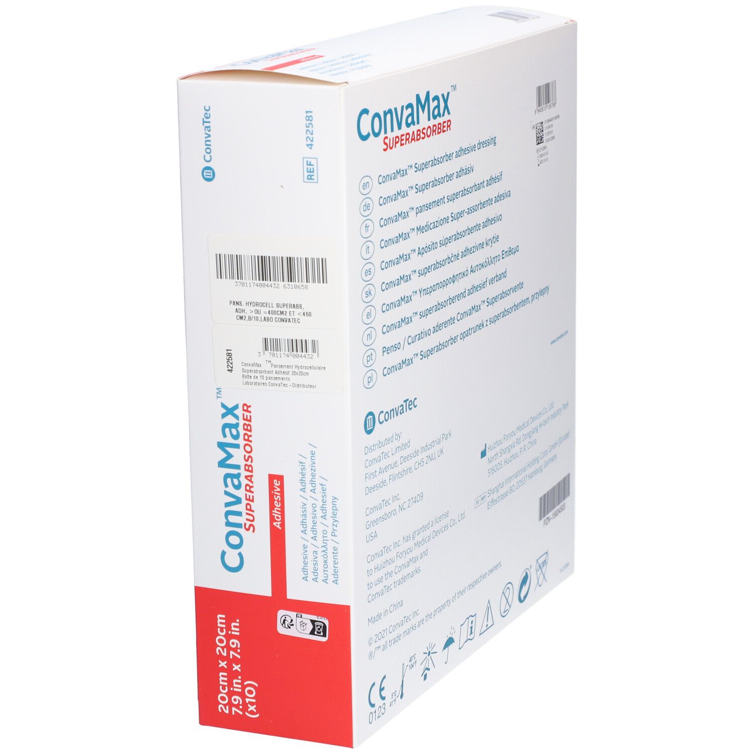 Verpakking CONVAMAX Superabsorber Adhesive. 20x20 cm. Meertalige info. Witte achtergrond.