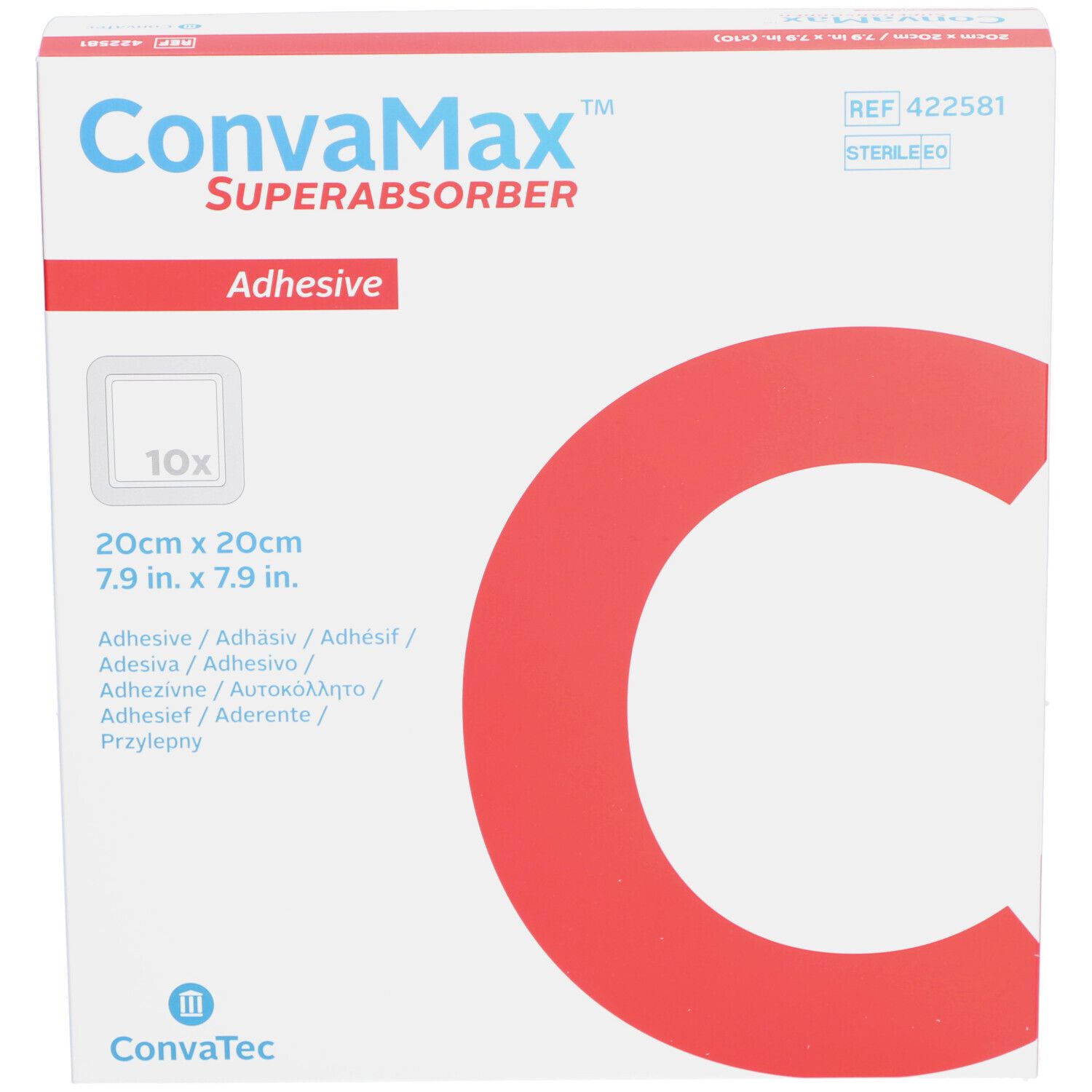 Verpakking CONVAMAX Superabsorber Adhesive. 20x20 cm. 10 stuks. Rode C. Witte achtergrond.