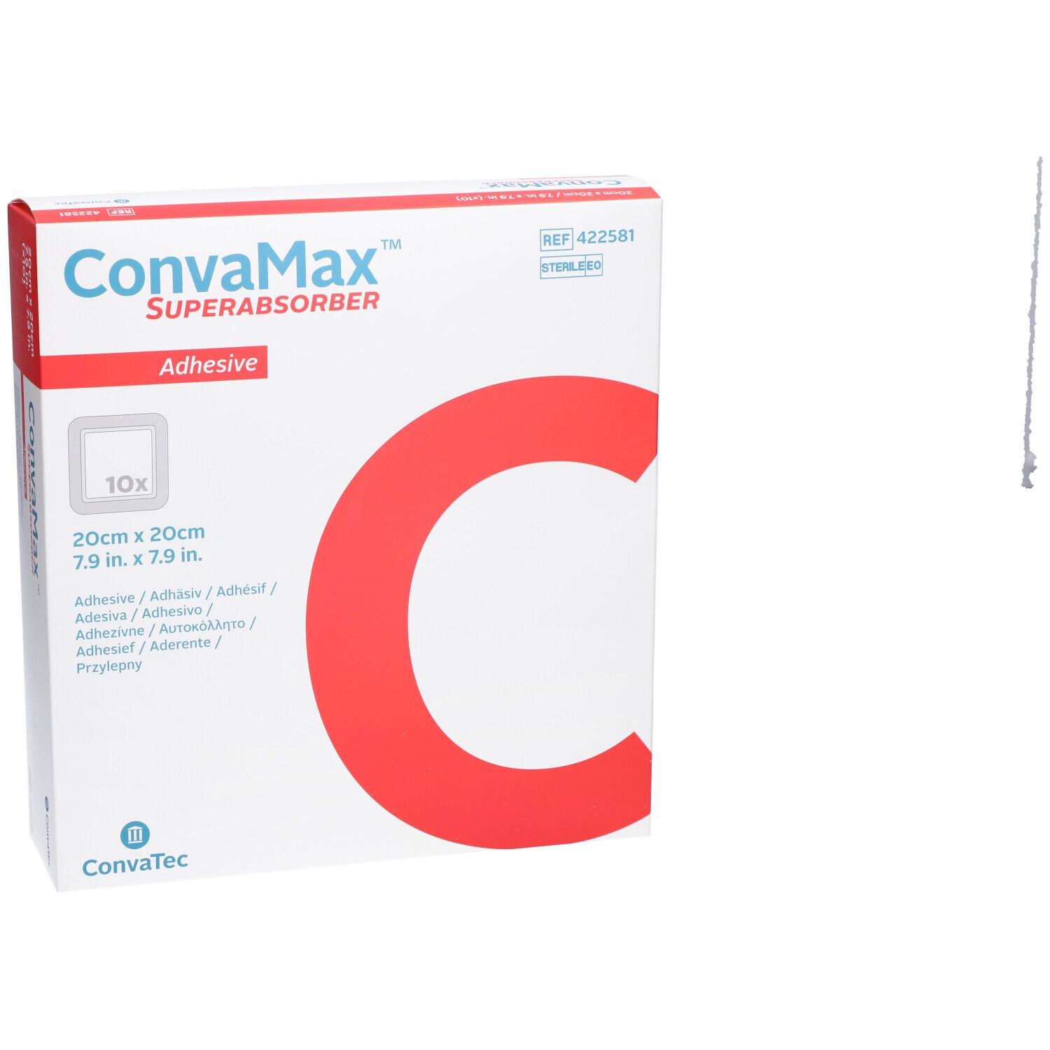 Verpakking CONVAMAX Superabsorber Adhesive. 20x20 cm. Rode C. Witte achtergrond.