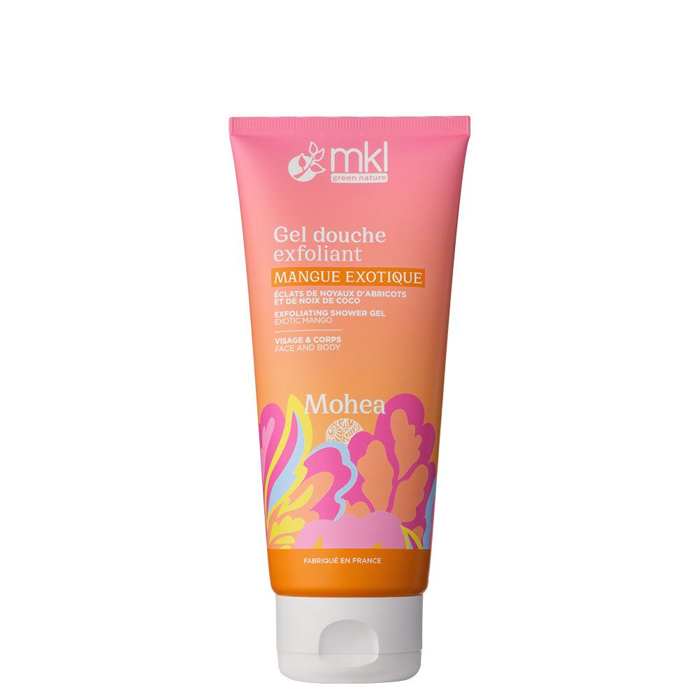 Tube exfoliërende douchegel, roze-oranje verloop. Opschrift: Gel douche exfoliant, Mangue exotique. Logo mkl.