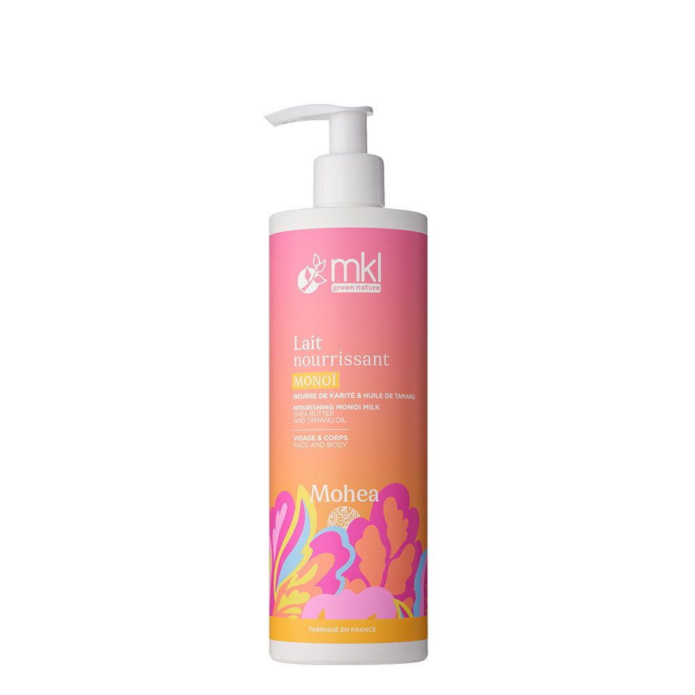 Fles met roze-oranje etiket. Opschrift: Lait Nourrissant Monoi. Met dispenser. Mohea-logo.