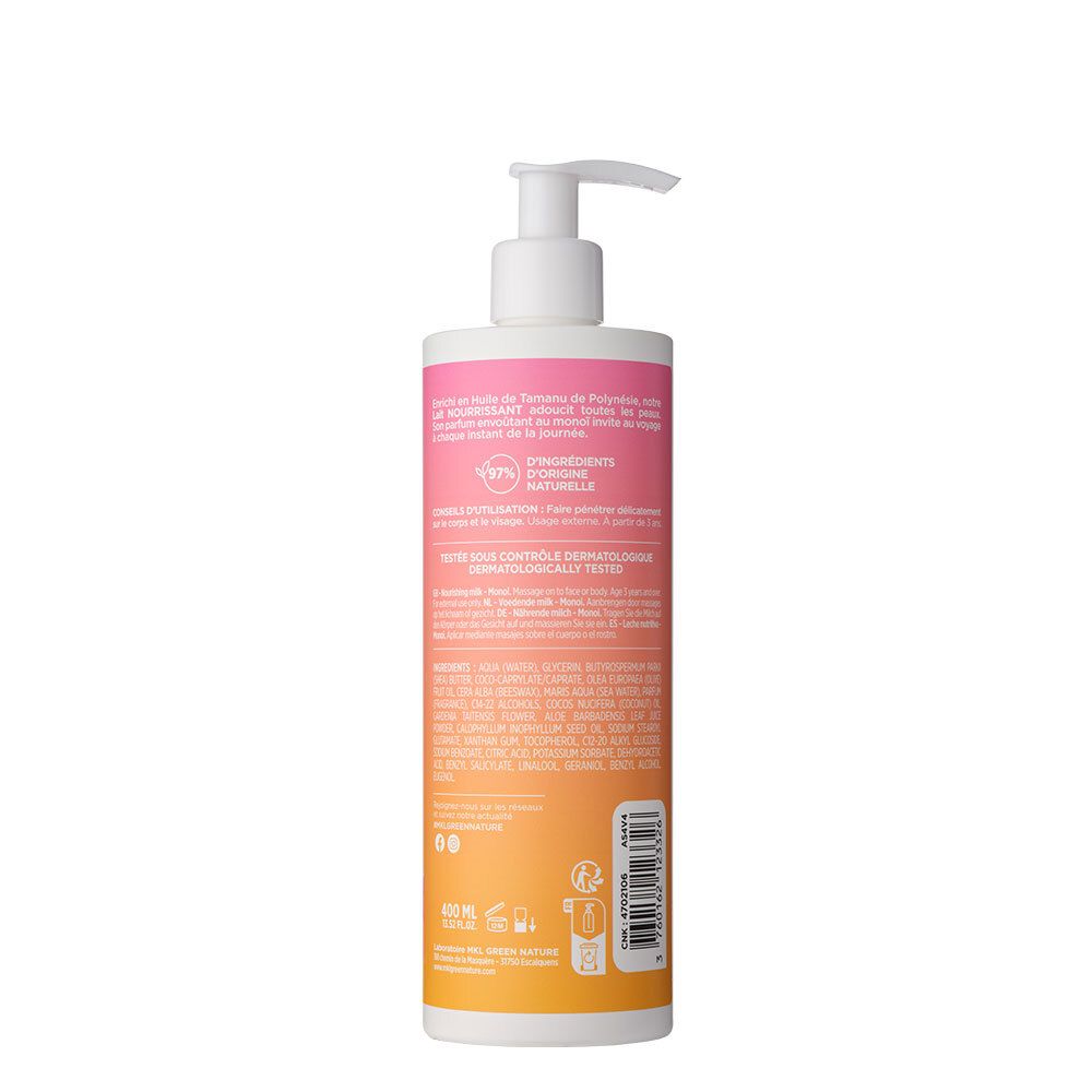 Achterkant van de fles. Tekst: ingrediënten, 98% natuurlijke ingrediënten. Dermatologisch getest. Met barcode.