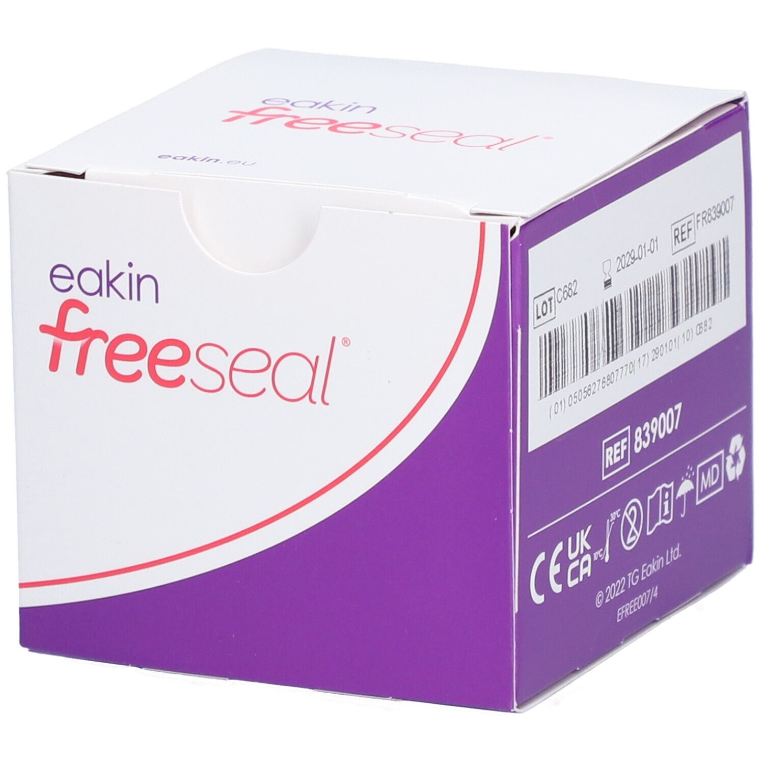 Eakin Freeseal verpakking. Wit-paarse doos met productnaam en informatie. CE-markering.