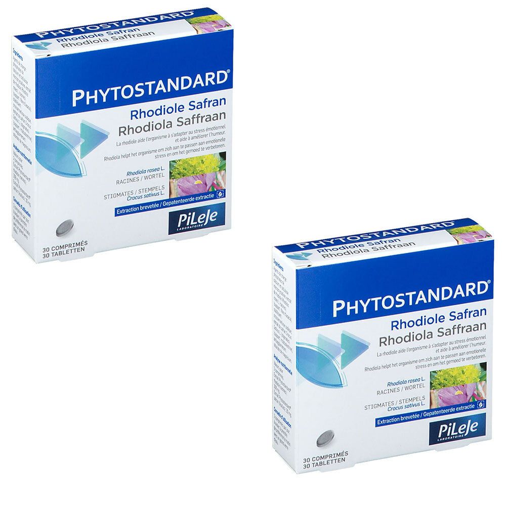 Boîte en carton avec nom du produit et logo. Couleurs bleu et blanc. Texte: Rhodiole Safran, 30 comprimés.