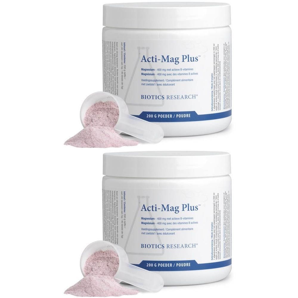 Twee potten Biotics Acti-Mag Plus 400 mg.