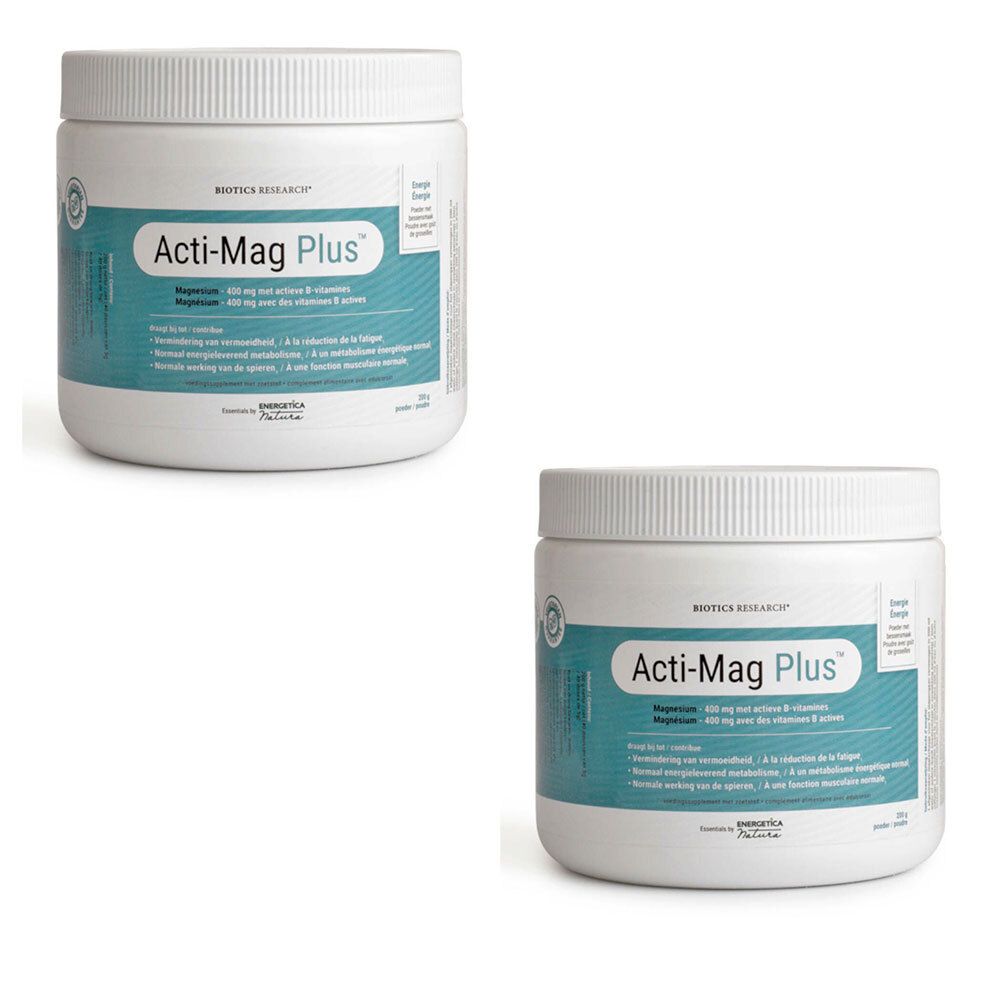 Twee witte potten met "Acti-Mag Plus". Blauwe etiketten met tekst. Biotics Research logo.