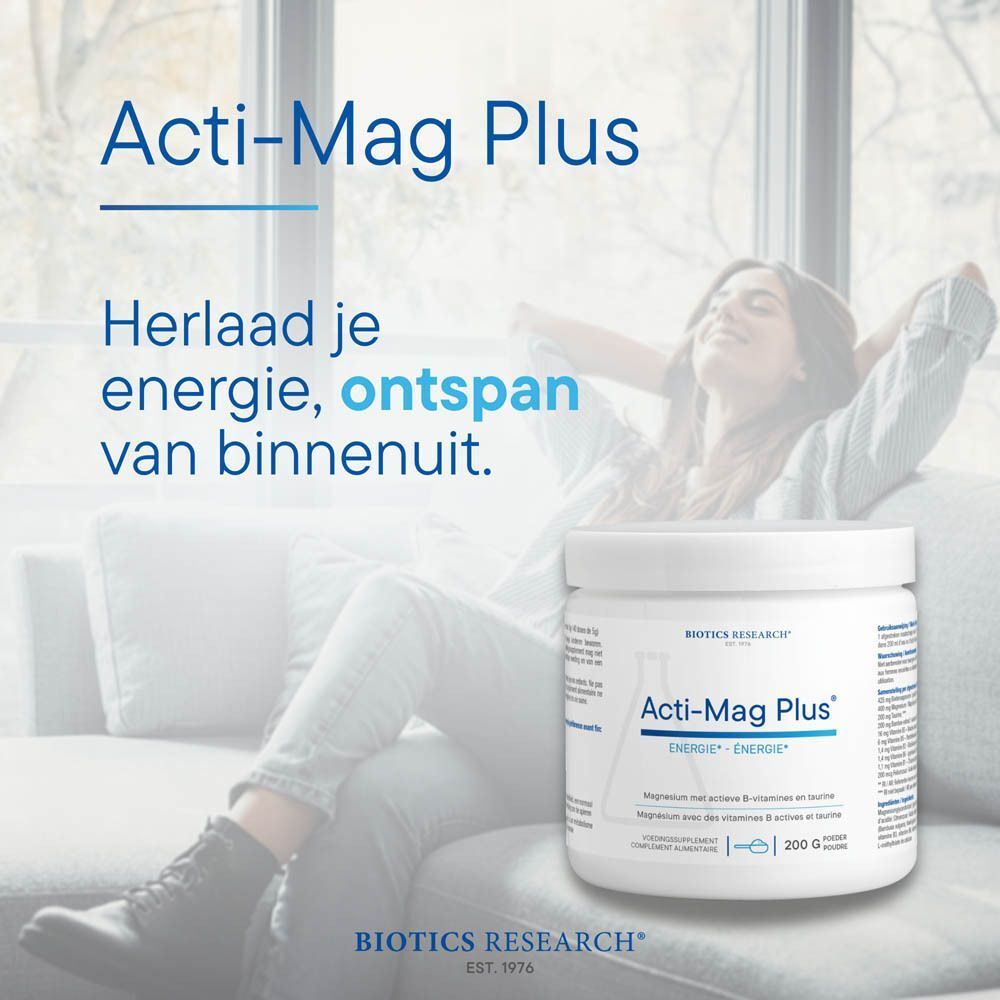 Twee potten Biotics Acti-Mag Plus 400 mg met schepjes en poeder.