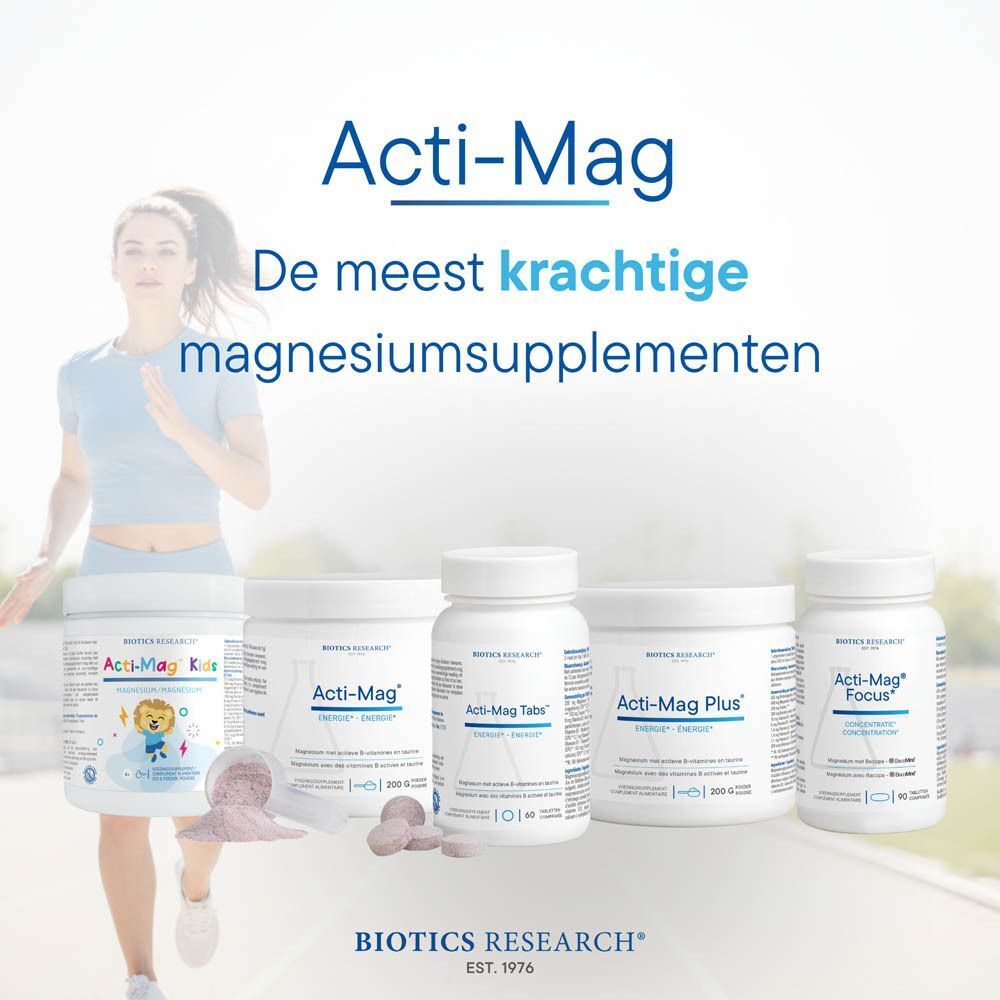 Tabel met ingrediënten en voedingsinformatie voor Biotics Acti-Mag Plus 400 mg.