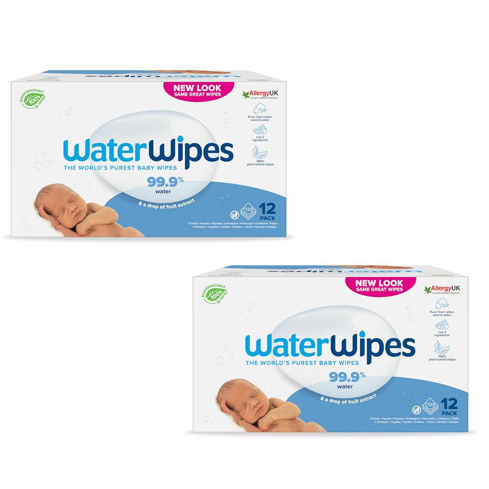 Deux boîtes de lingettes WaterWipes. Inscription : 99,9 % d'eau. Avec image de bébé. Paquet de 12.