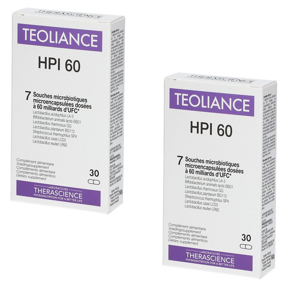 Twee witte dozen met TEOLIANCE HPI 60. Tekst: "7 Souches microbiotiques microencapsulées dosées à 60 milliards d'UFC".