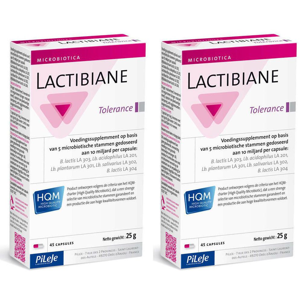 Twee rechthoekige dozen met LACTIBIANE Tolerance. Opschrift: 45 capsules, nettogewicht 25 g. HQM-logo.