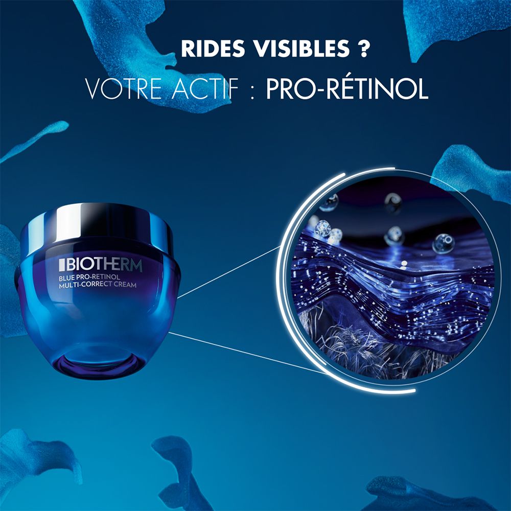BIOTHERM Blue Pro-Retinol Multi-Correct Cream en gedetailleerde weergave van de huidstructuur.