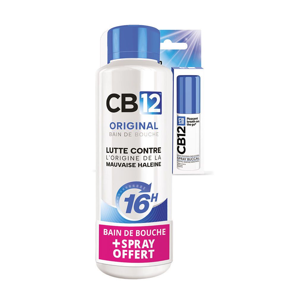 CB12 bain de bouche et spray en offre groupée. Flacon blanc à bouchon bleu, petit spray bleu.