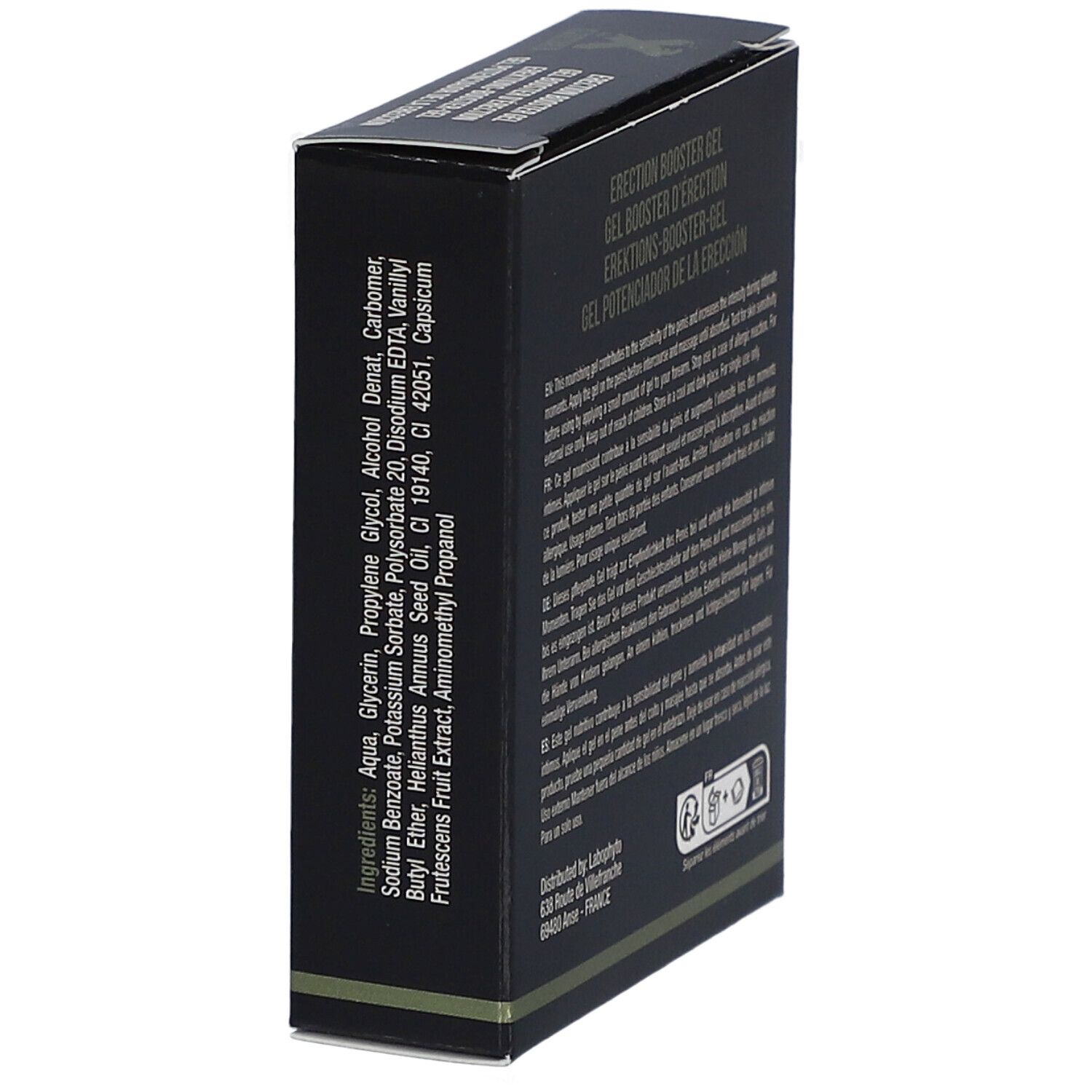 Zijkant XPOWER Erectie Booster Gel verpakking met ingrediëntenlijst.