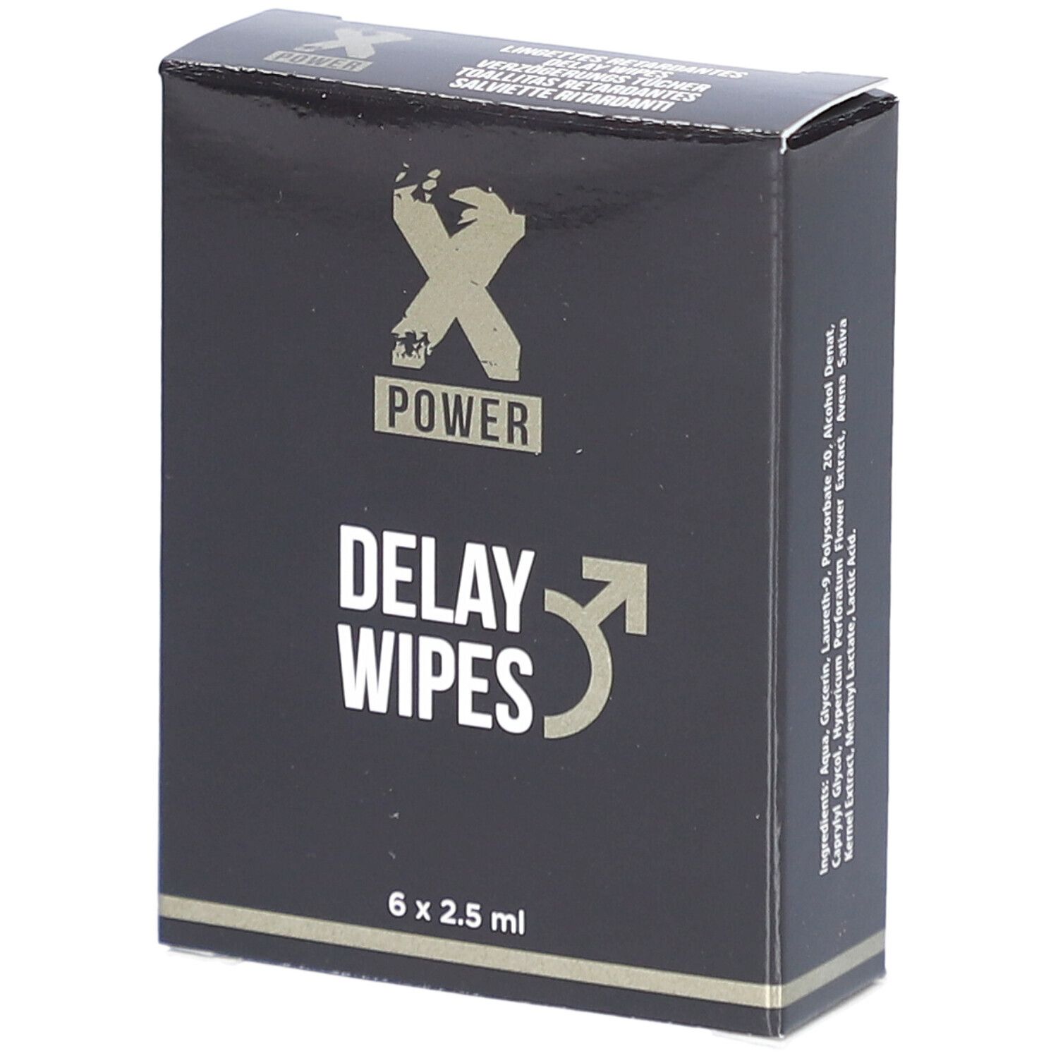 Zwarte doos met "X POWER" logo en "DELAY WIPES". Bevat 6 doekjes.
