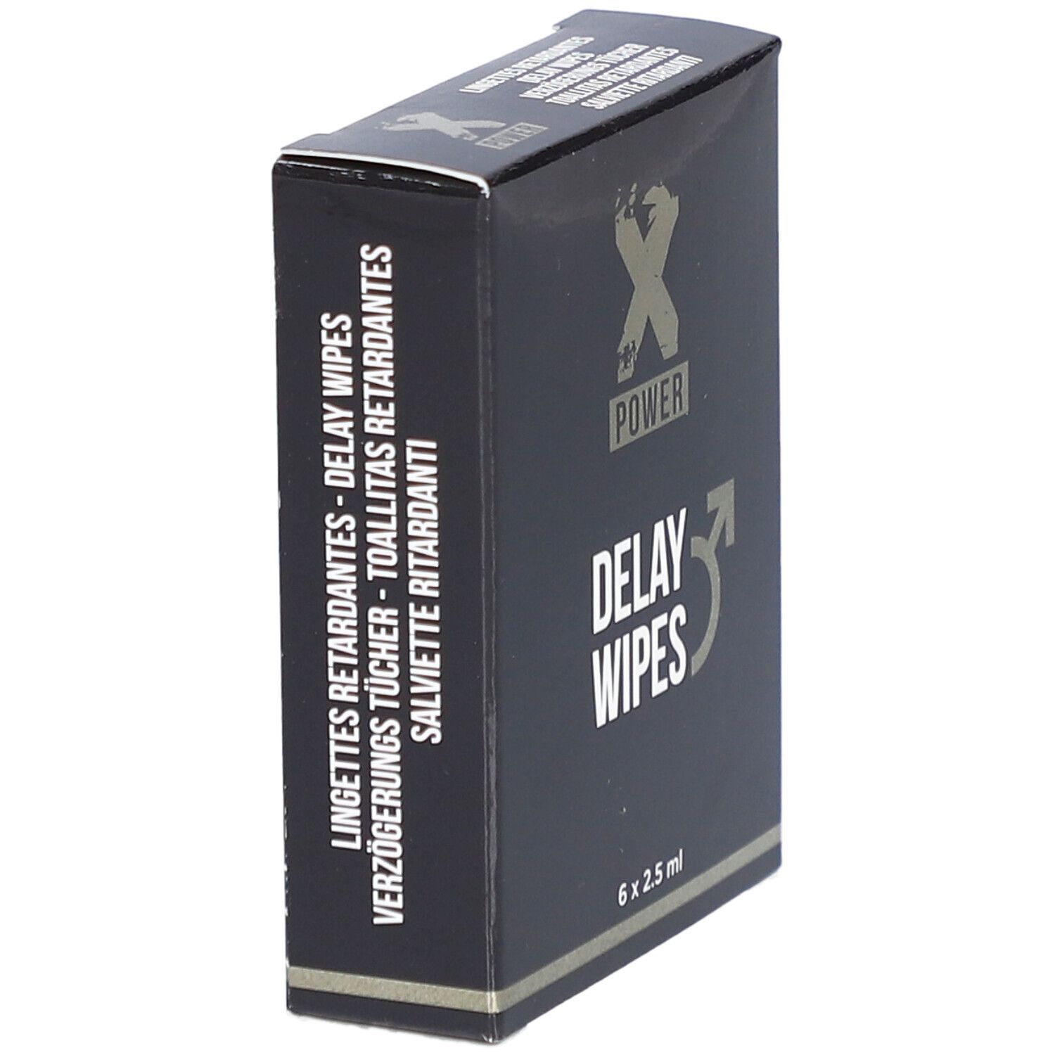 Zwarte doos, "X POWER" logo en "DELAY WIPES". Meertalige tekst: Vertragende doekjes.