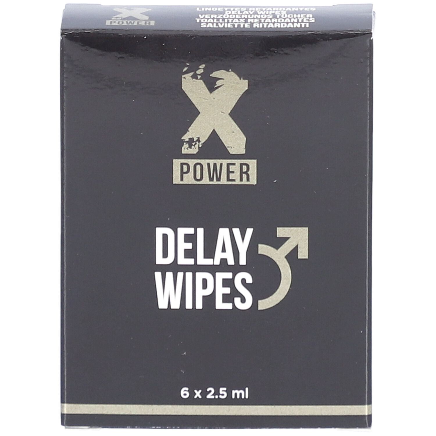 Zwarte doos met "X POWER" logo en "DELAY WIPES". 6 x 2,5 ml.