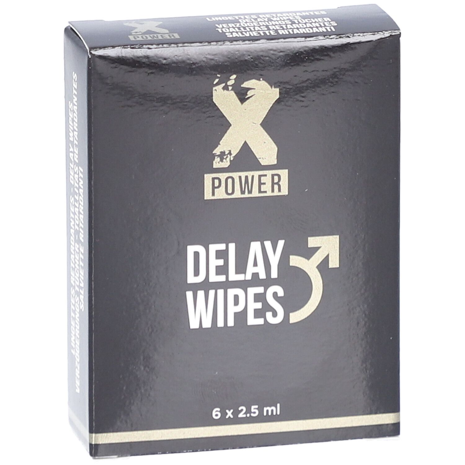 Zwarte doos met "X POWER" logo en "DELAY WIPES". 6 x 2,5 ml.
