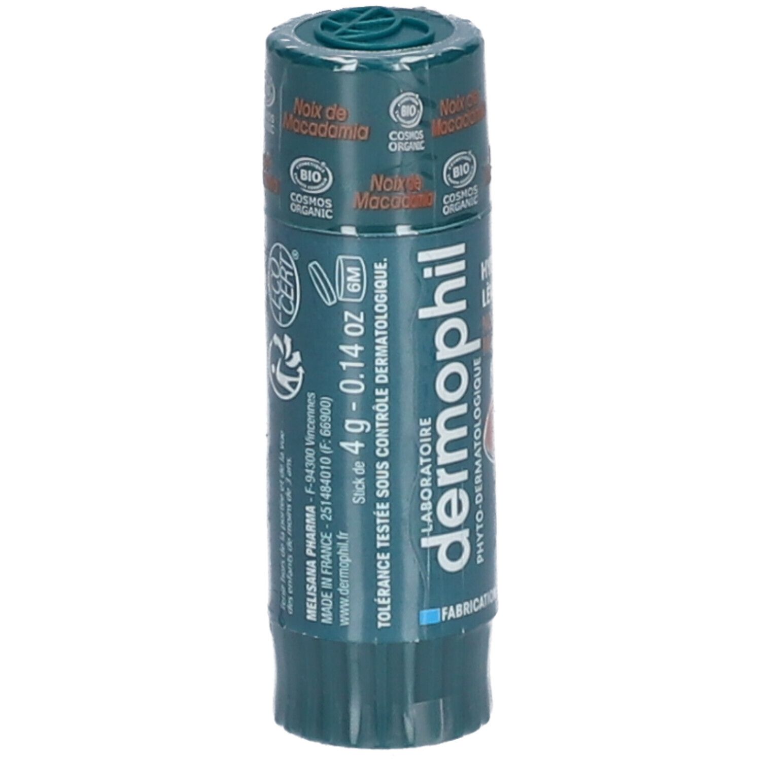 Stick lèvres Noix de Macadamia. Emballage vert. 4g. Laboratoire Dermophil. Fabriqué en France.