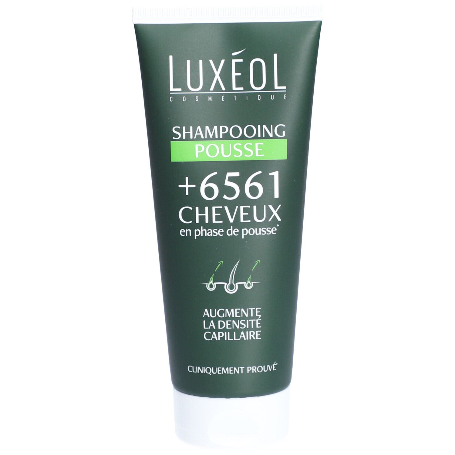 Tube vert avec bouchon blanc. LUXÉOL Shampoing Pousse, texte et graphiques. "+6561 cheveux en phase de pousse".