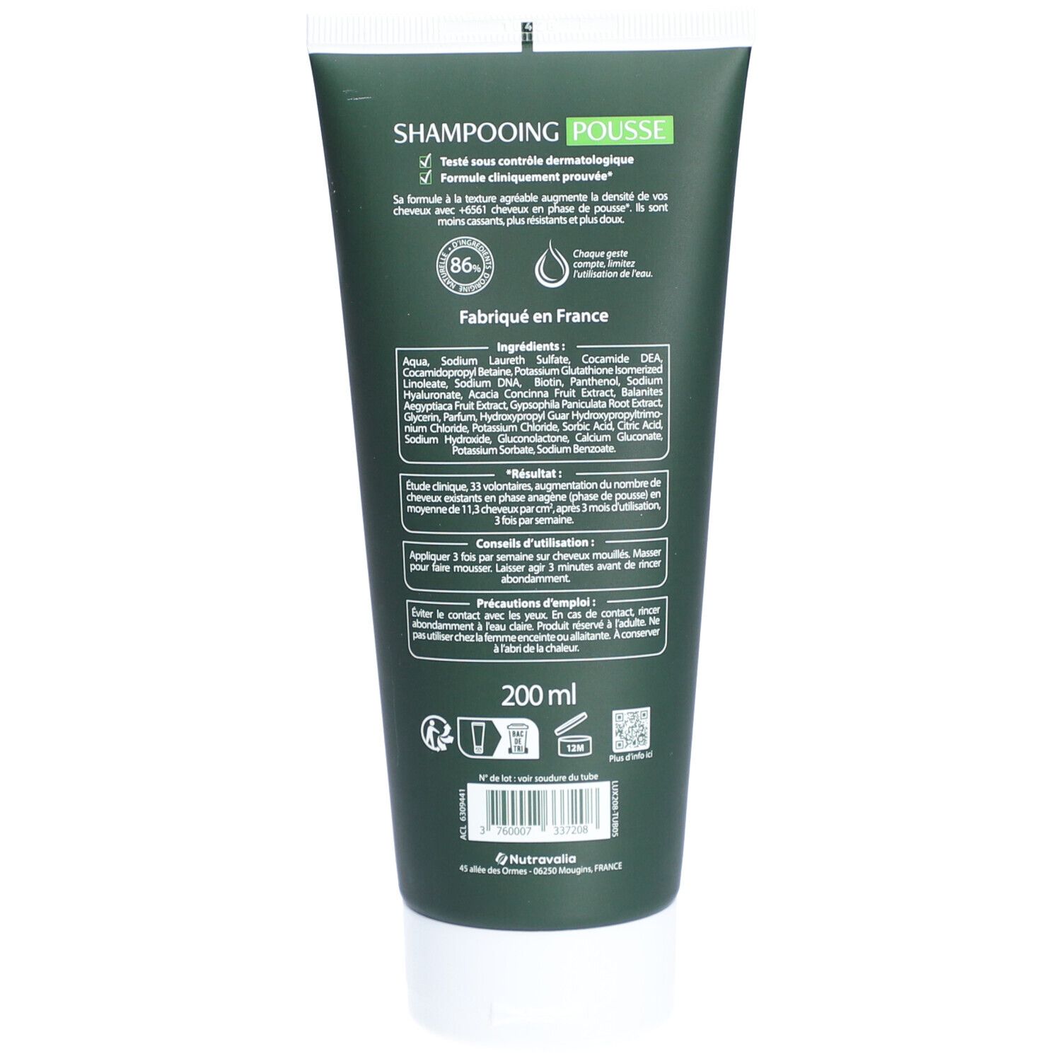 Dos d'un tube vert. Texte: Shampoing Pousse, ingrédients, mode d'emploi, 200 ml.