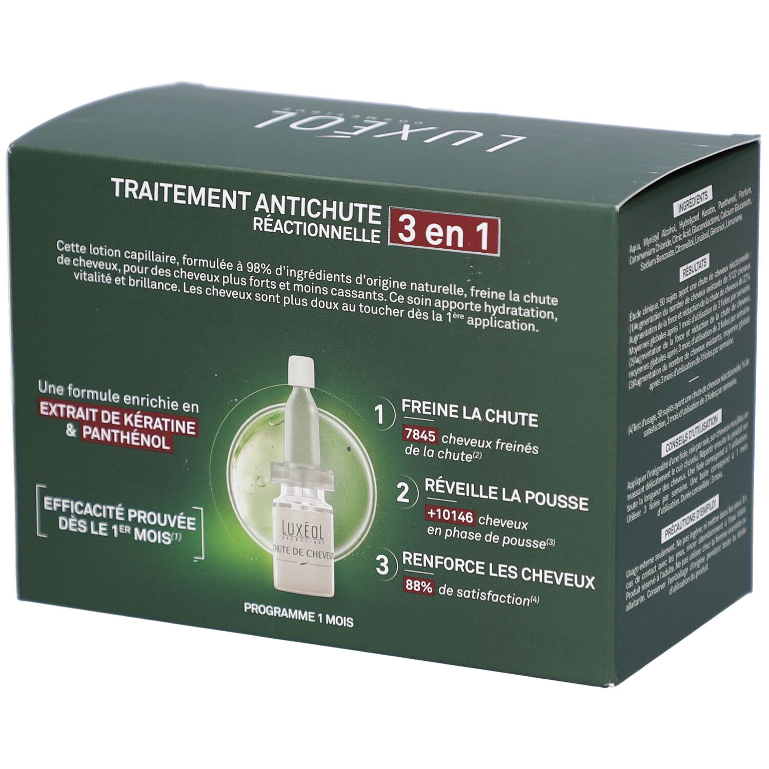 Boîte LUXÉOL avec informations sur l'efficacité. Contient 14 flacons. Vue en angle.