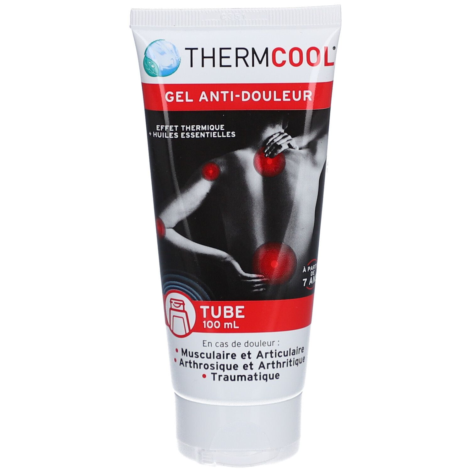 Rode en witte tube. Opschrift: ThermCool Gel Anti-Douleur. Illustratie van een rug met rode cirkels.