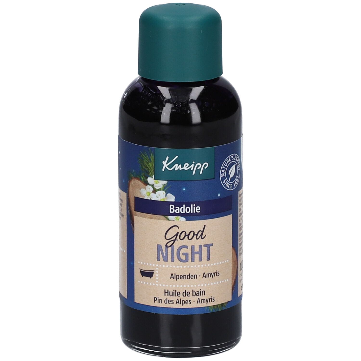 Flacon Kneipp pour le bain. Liquide foncé, bouchon vert. Inscription : Good Night, Badolie.