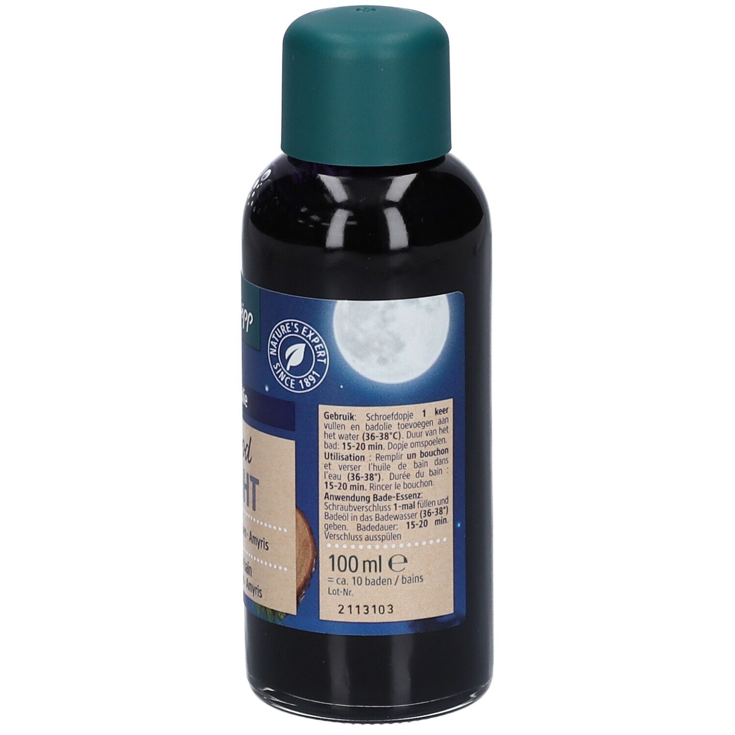 Dos du flacon Kneipp pour le bain. Texte, bouchon vert, liquide foncé.