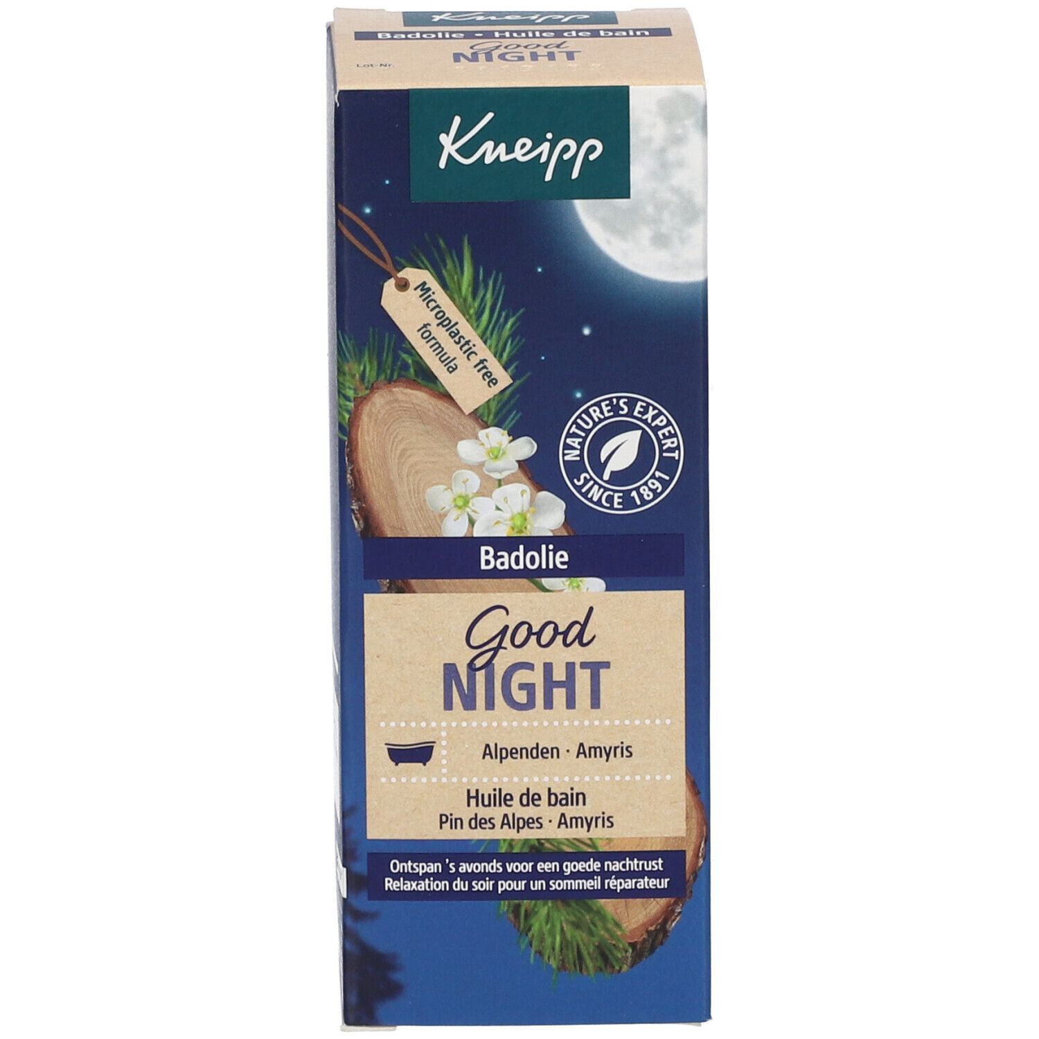 Emballage Kneipp pour le bain. Inscription : Good Night, Badolie. Étiquette produit.