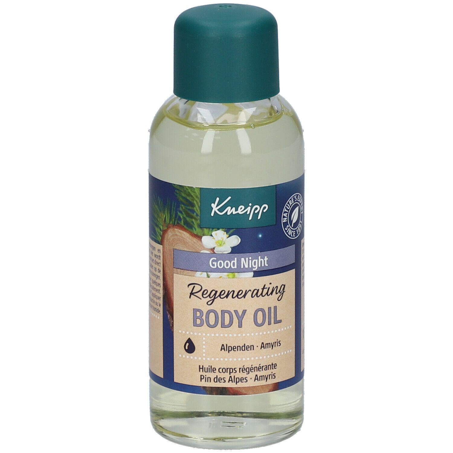 Kneipp® olieflacon met groene dop. Opschrift: Good Night, Regenerating Body Oil. Met illustraties van hout en planten.