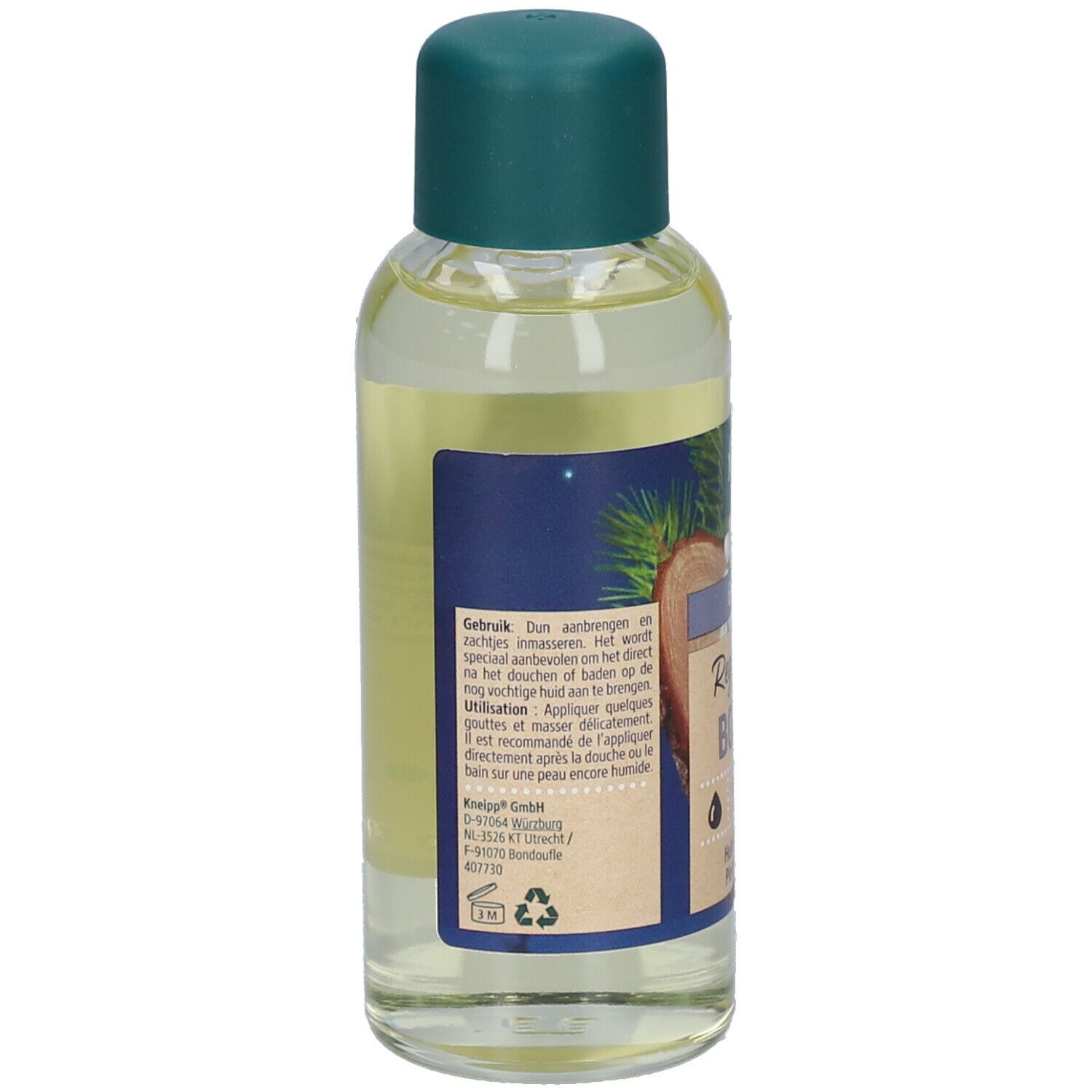 Achterkant van de Kneipp® olieflacon. Tekst in meerdere talen. Met illustraties van hout en planten.