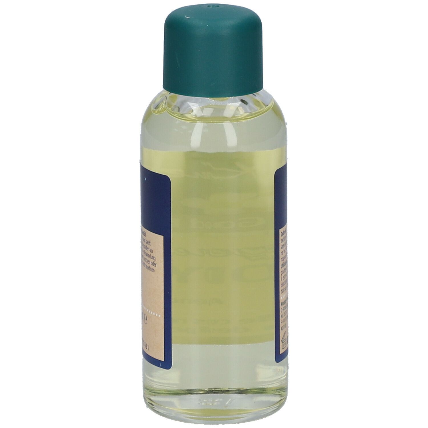Kneipp® olieflacon van achteren. Groene dop, blauwe etiketten. Tekst in meerdere talen.
