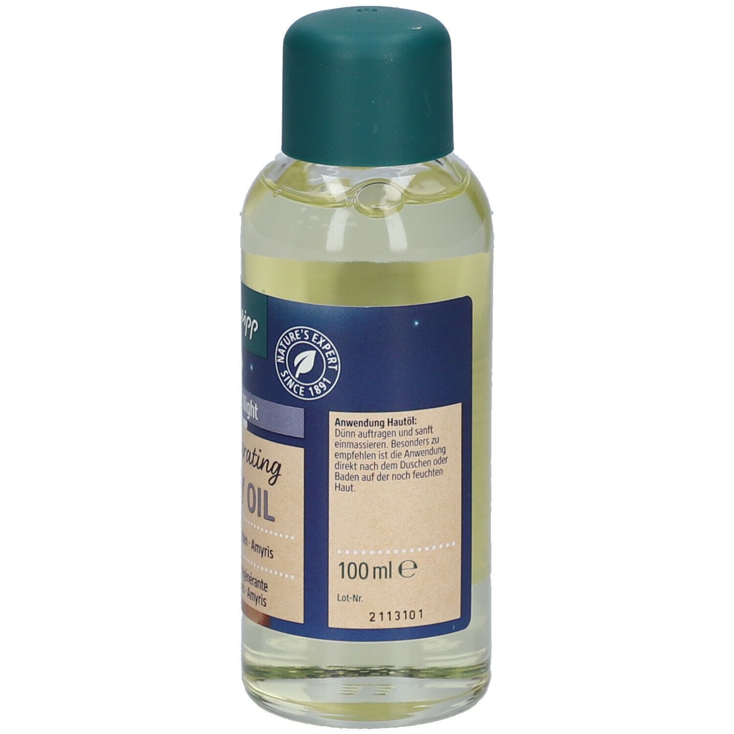 Kneipp® olieflacon met groene dop. Opschrift: 100 ml. Tekst in meerdere talen. Met illustraties.