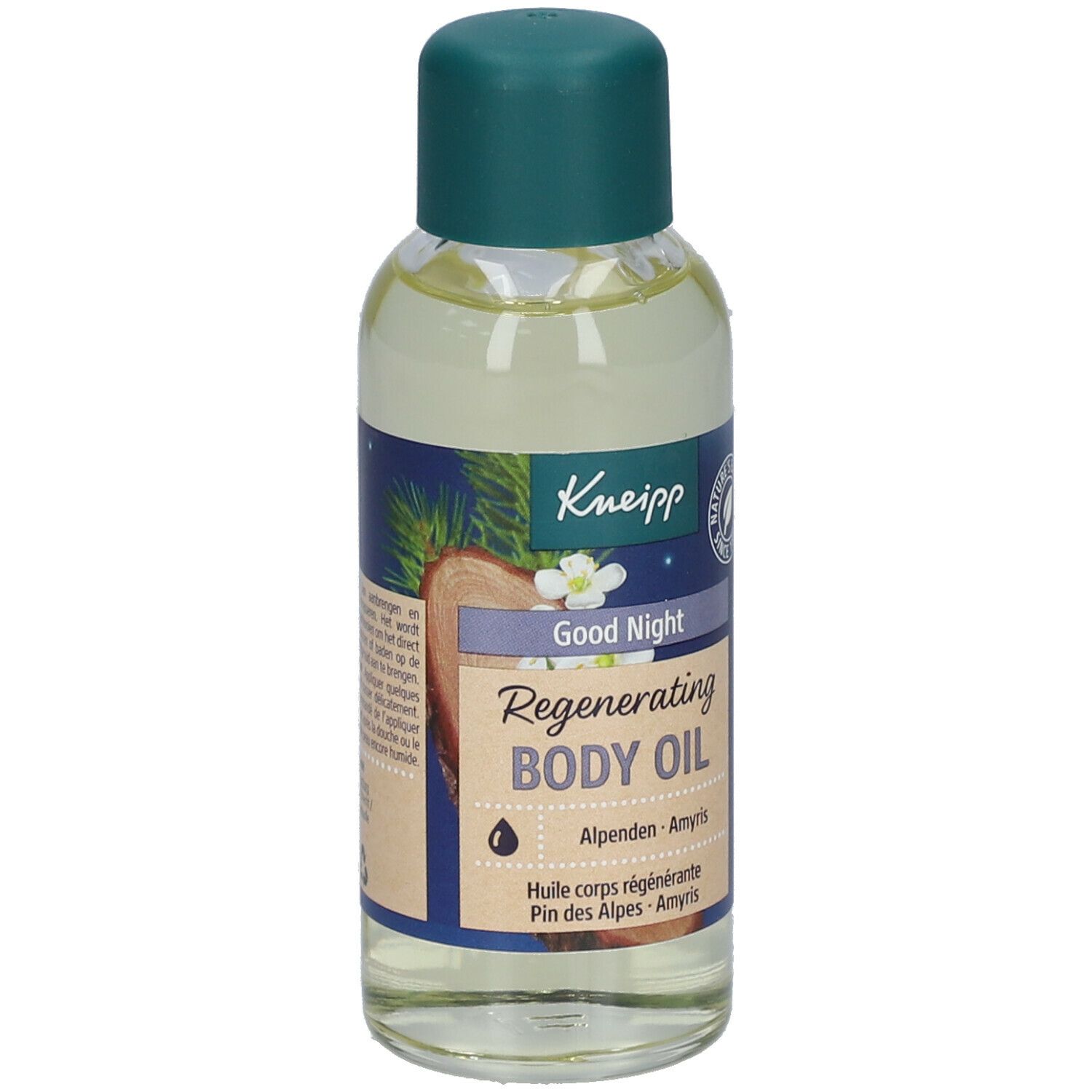 Kneipp® olieflacon met groene dop. Opschrift: Good Night, Regenerating Body Oil. Met illustraties van hout en planten.