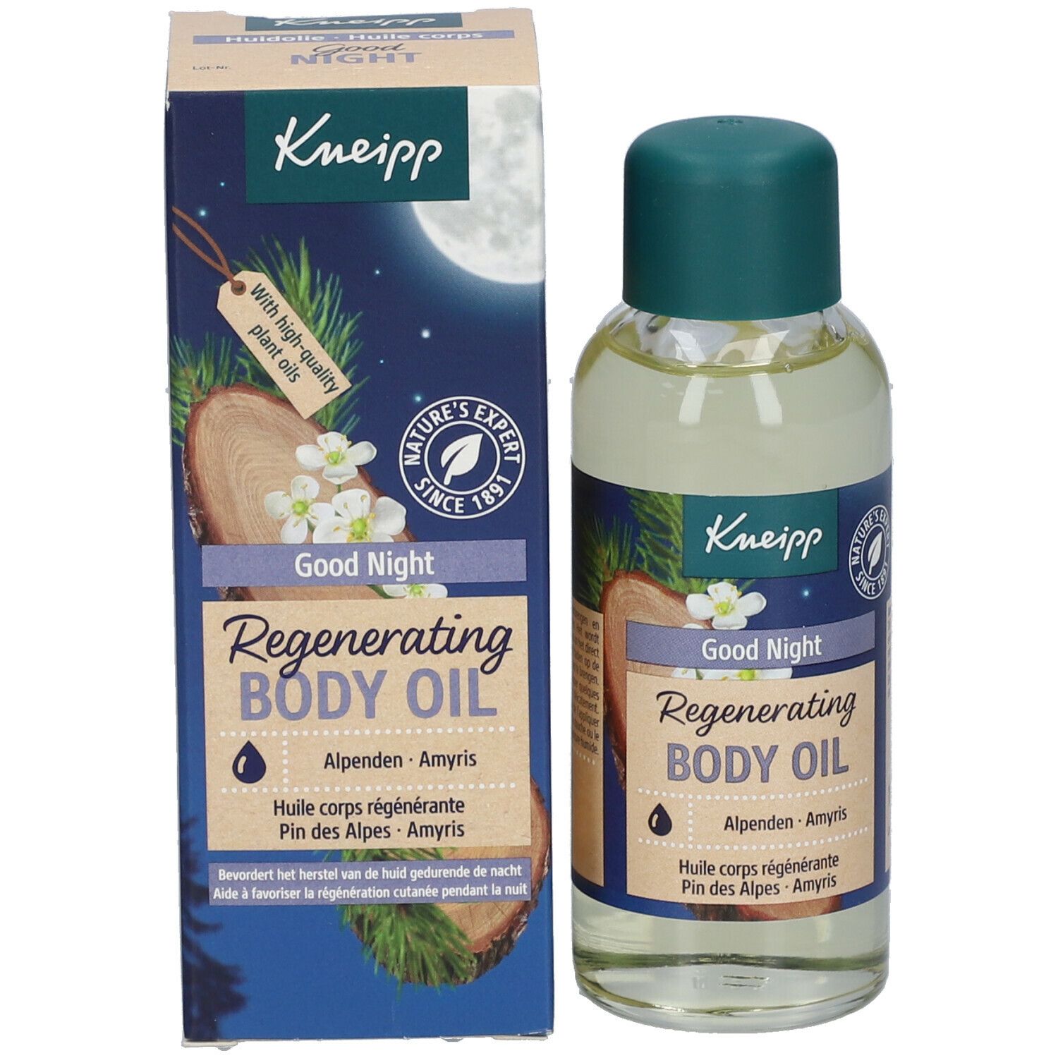 Kneipp® olieflacon en verpakking. Opschrift: Good Night, Regenerating Body Oil. Met illustraties van hout en planten.