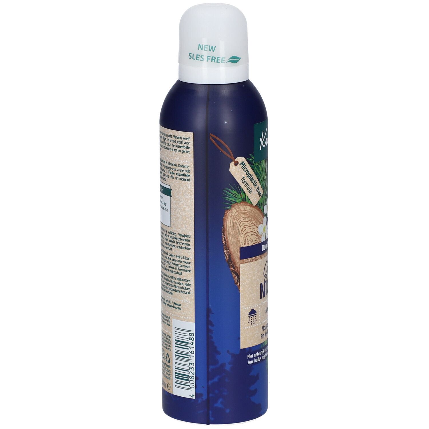 Blauwe doucheschuimfles. Bedrukking met productinformatie en barcode. Witte dop met opschrift 'SLES FREE'.
