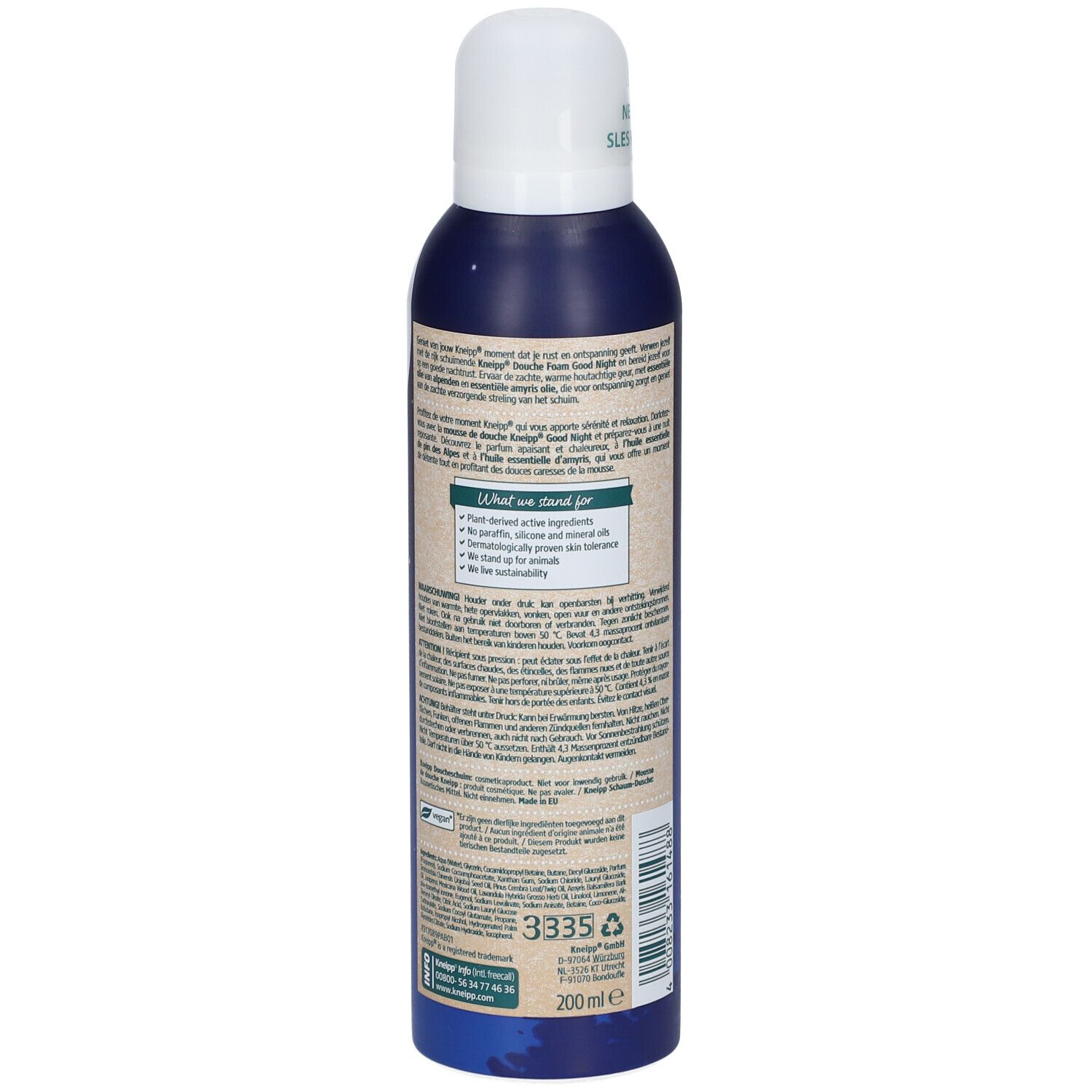 Achterkant van de doucheschuimfles. Tekstinformatie in meerdere talen. Barcode en volume-aanduiding 200ml.