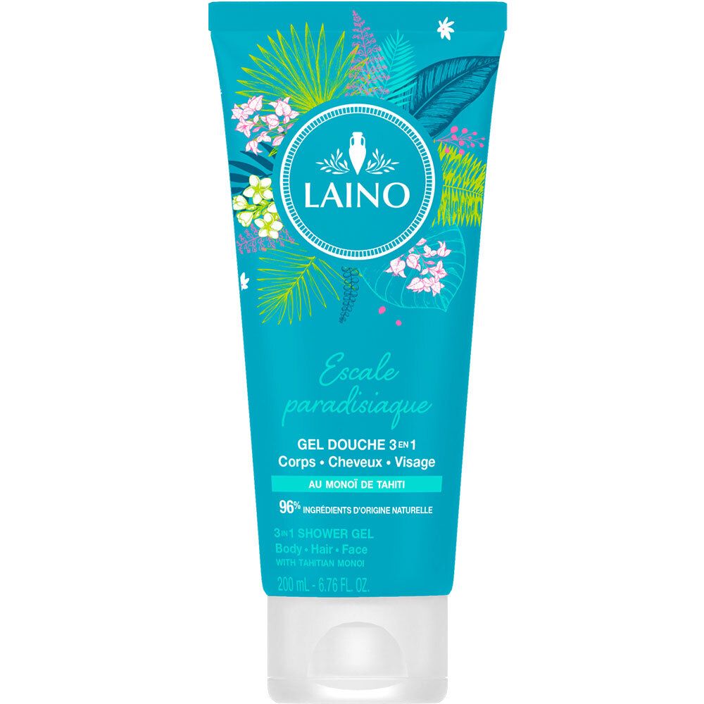 Tube turquoise avec motifs floraux et informations produit. Logo "LAINO" et texte "Gel Douche 3 en 1" visibles.