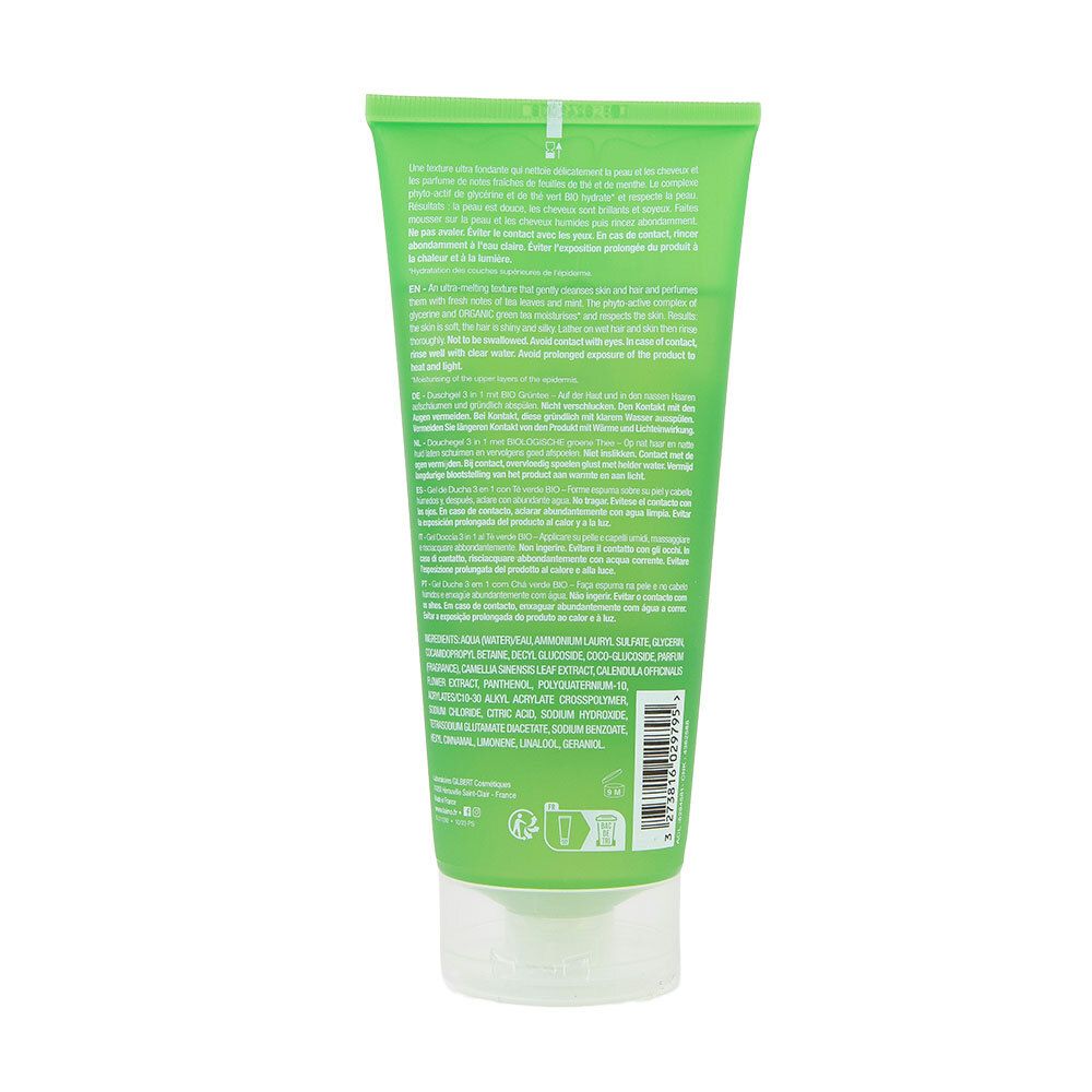 Achterkant van een groene tube met tekst. Bevat informatie over het product, ingrediënten en fabrikant. Met groene tekst.
