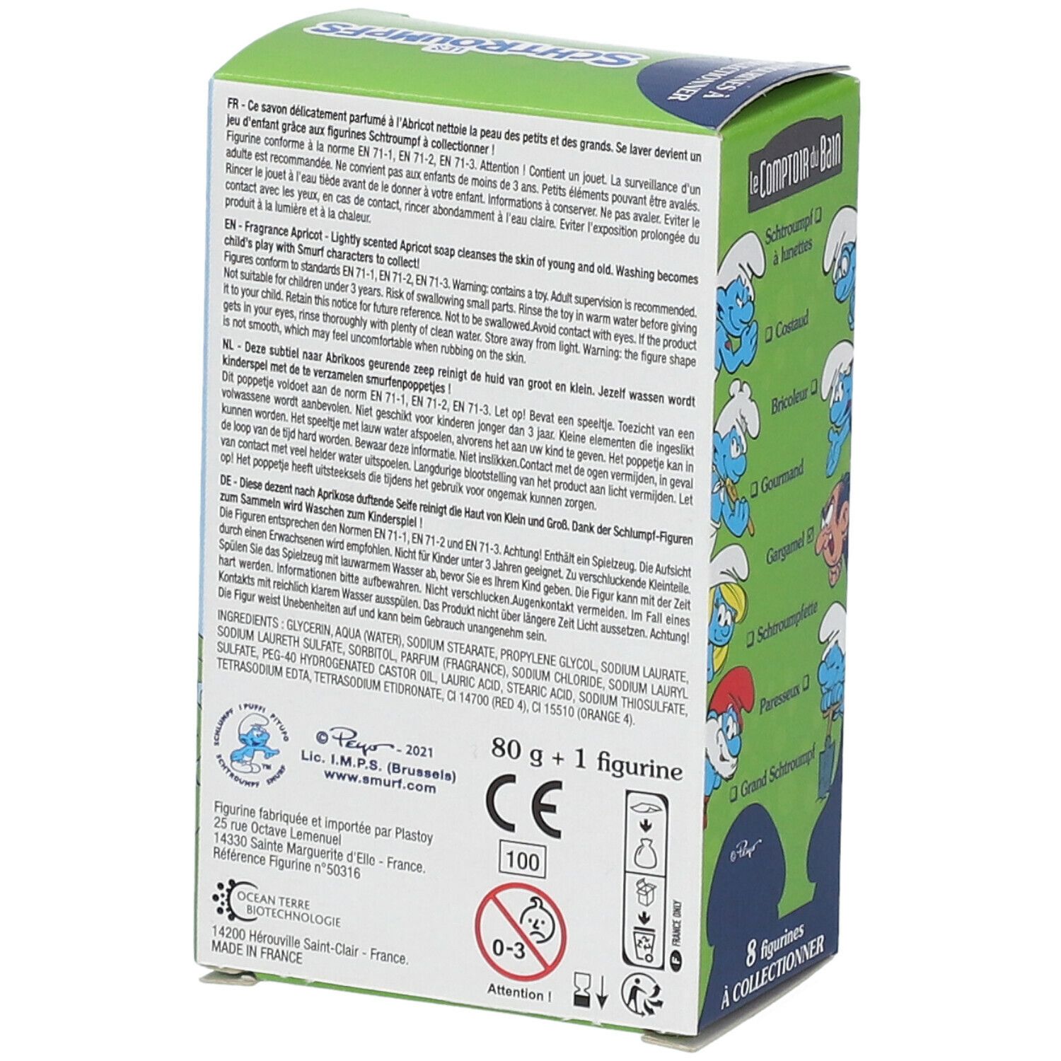 Achterkant van de zeepverpakking. Meertalige tekst, ingrediënten, CE-markering, illustraties. 80g + 1 figuur.