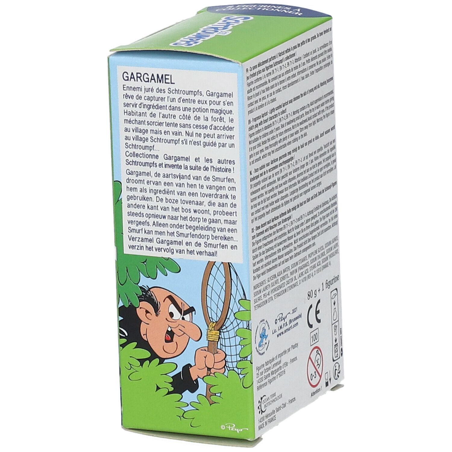 Zijkant van de zeepverpakking. Tekst en illustraties van Gargamel. Groene en blauwe kleuren. Tekst in het Frans.