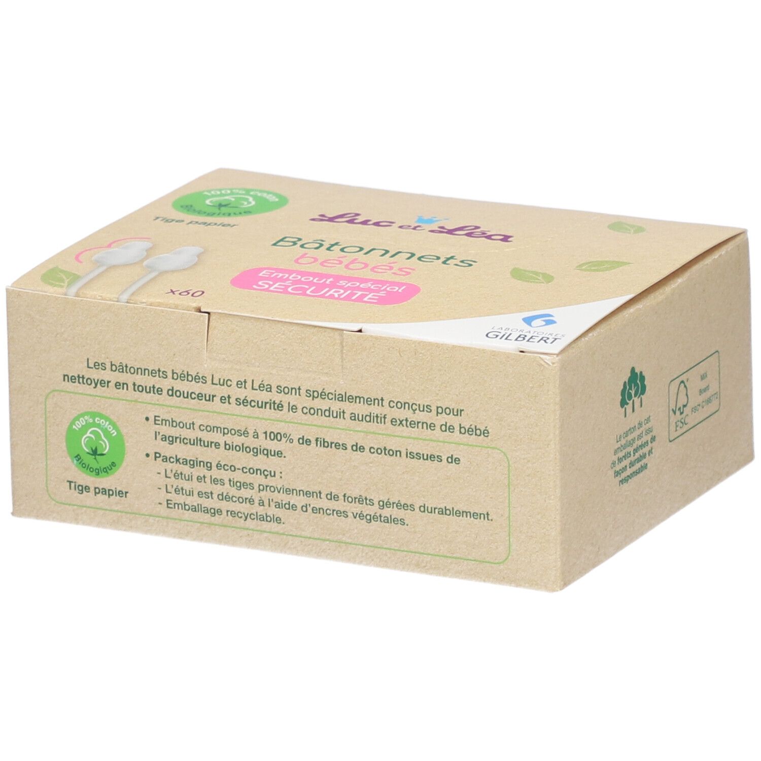 Boîte en carton de bâtonnets bébés. Inscriptions : "Luc et Léa", "Bâtonnets bébés", "Embout spécial sécurité".
