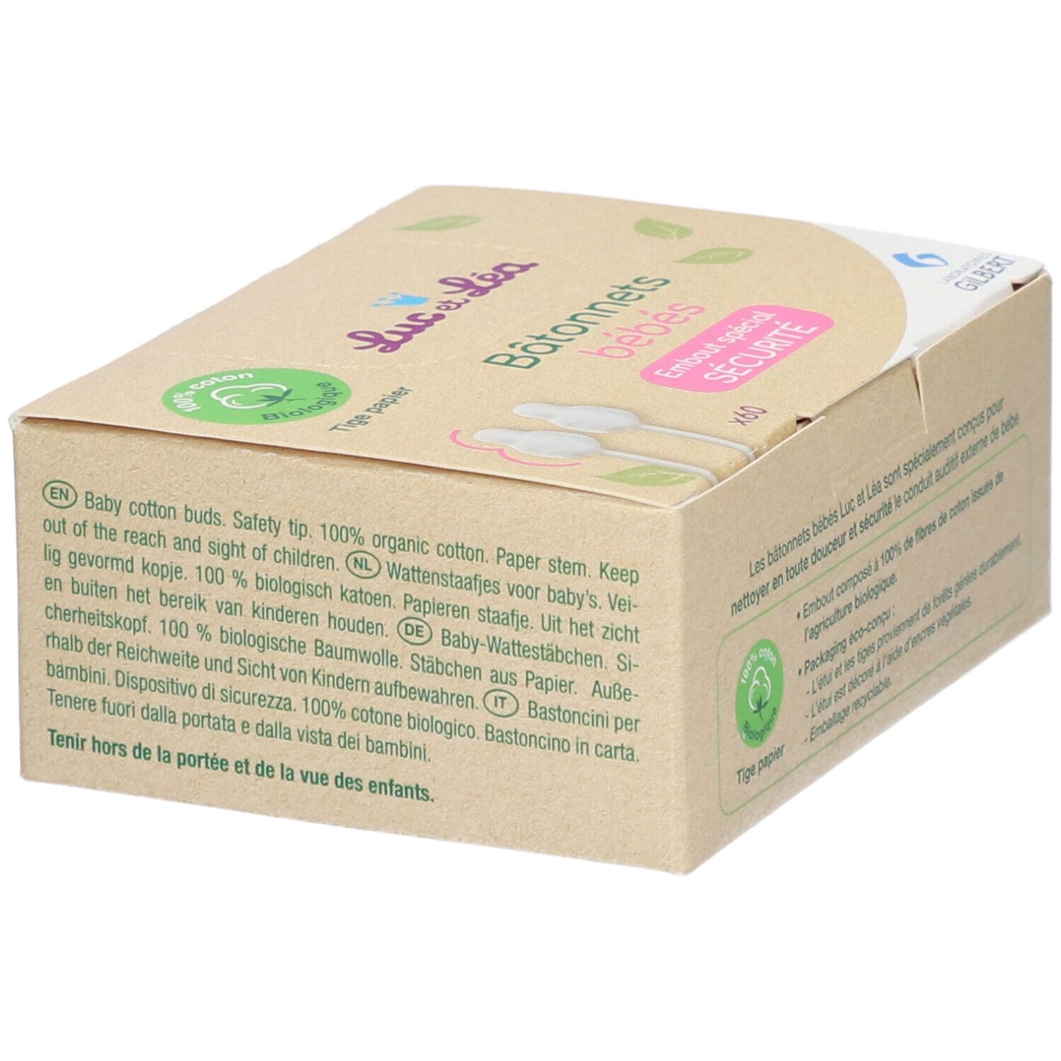Boîte en carton avec texte multilingue. Inscriptions : "Luc et Léa", "Bâtonnets bébés", "Embout spécial sécurité".