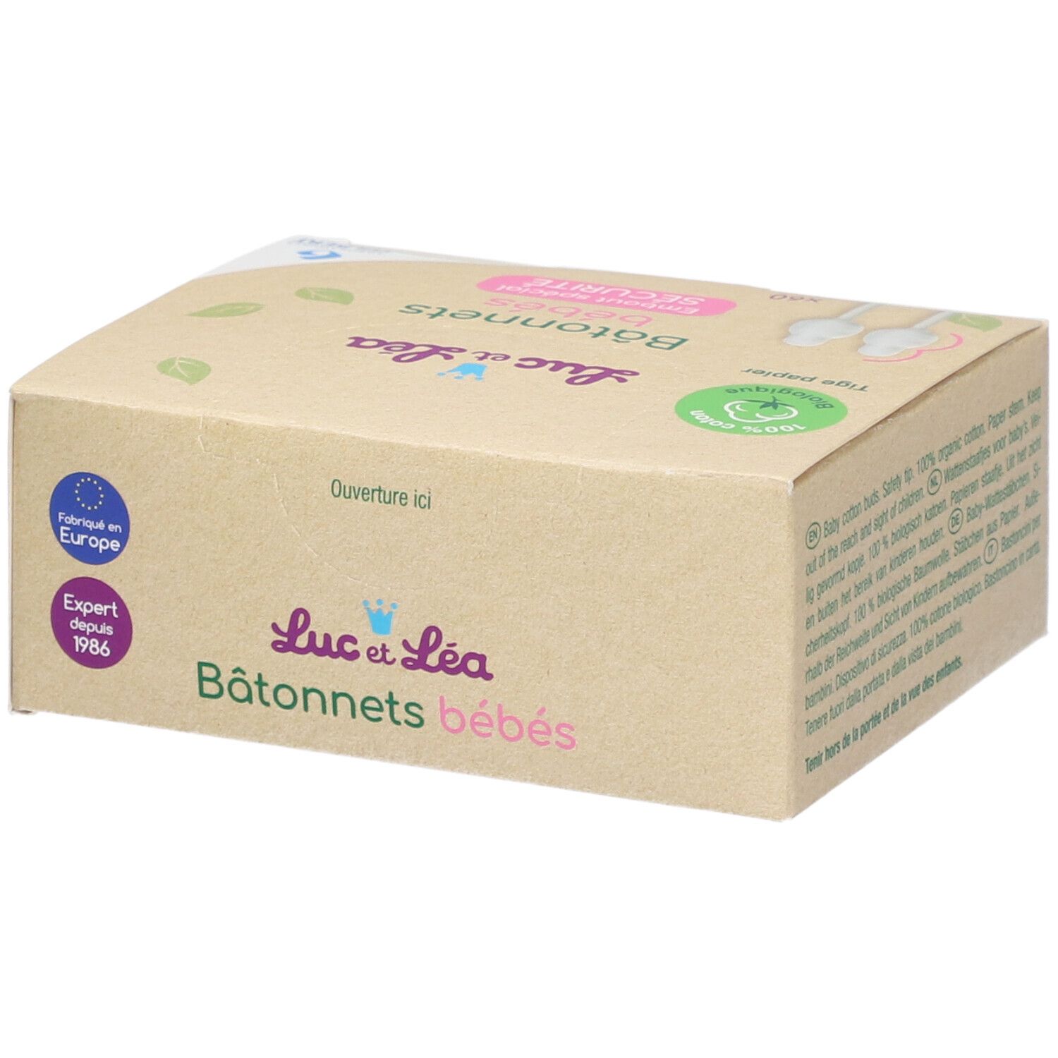 Boîte en carton avec logo "Luc et Léa" et texte "Bâtonnets bébés". Inscription "Ouverture ici".