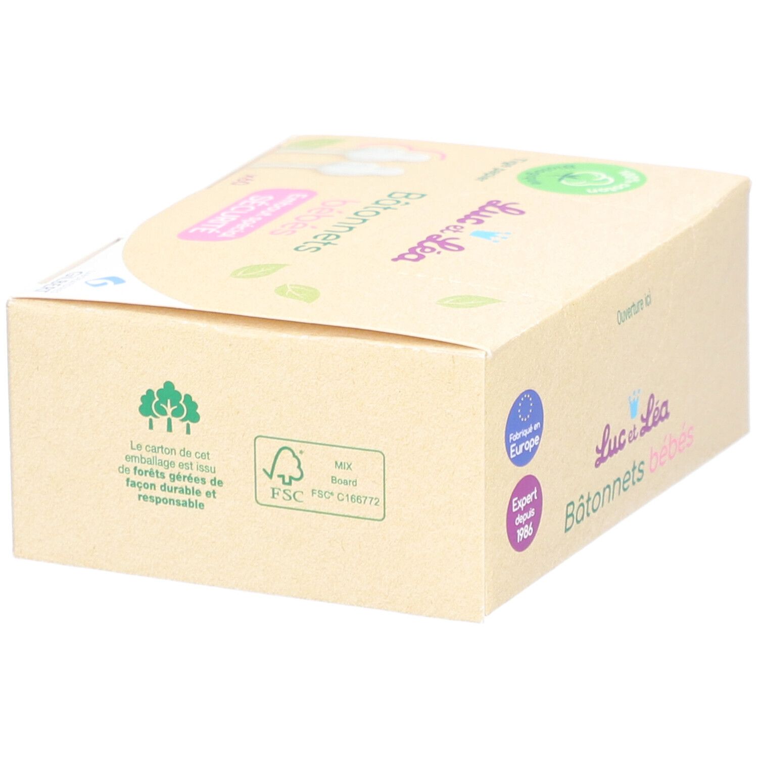 Boîte en carton avec label FSC et logo "Luc et Léa". Texte "Bâtonnets bébés".