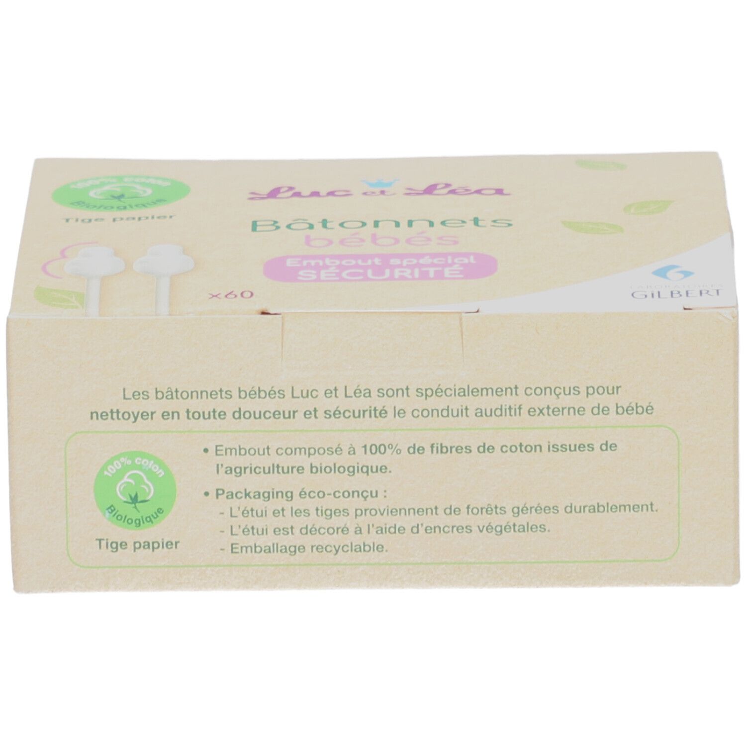 Boîte en carton avec texte sur les ingrédients et logo "Luc et Léa". Texte "Bâtonnets bébés".