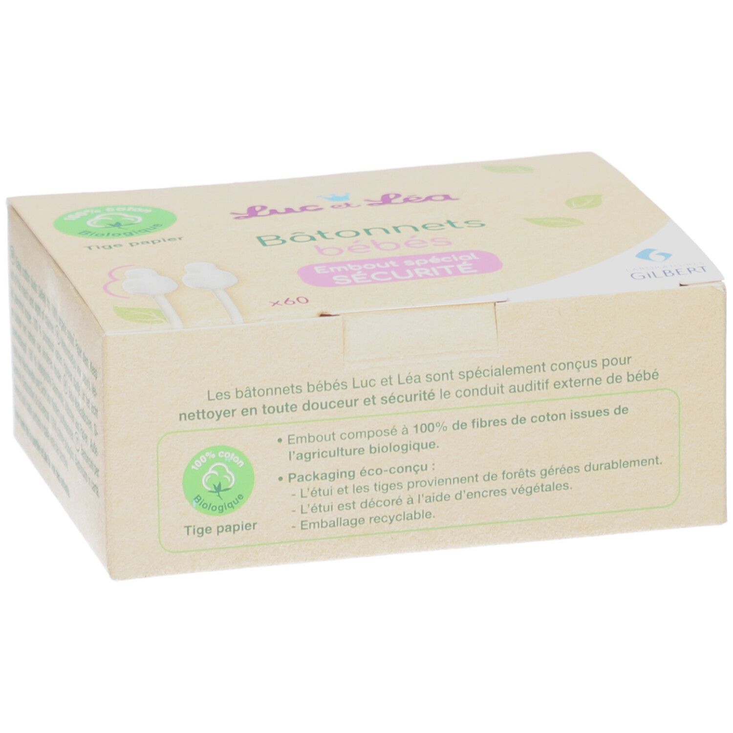 Boîte en carton avec logo "Luc et Léa" et texte "Bâtonnets bébés". Inscription "Embout spécial sécurité".